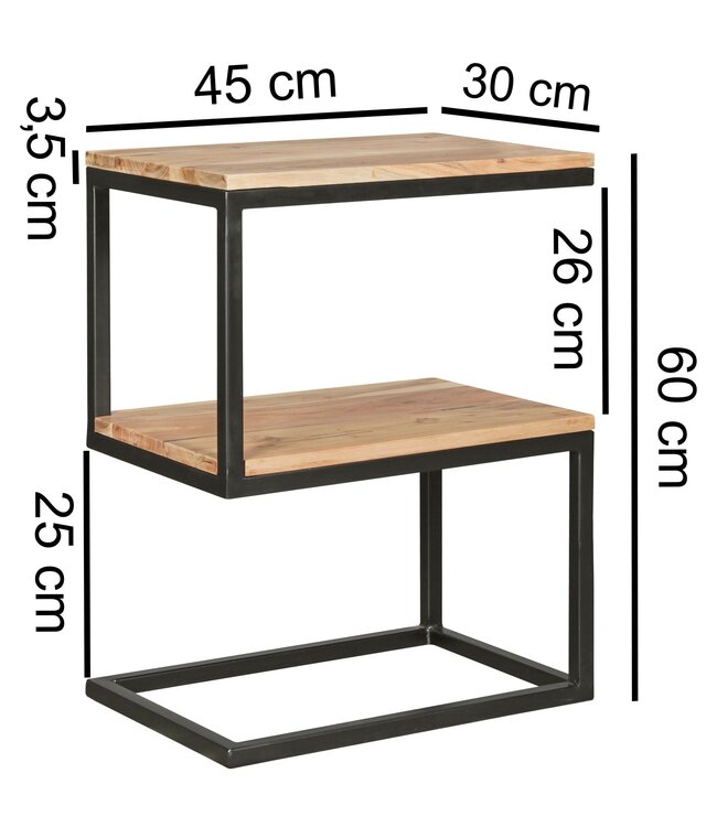 Wohnling tafel AKOLA S-vorm massief hout acacia / metaal 45 x 60 x 30 cm | Design Salontafel Landelijke stijl | Anstellisch opbergmeubelvierkant