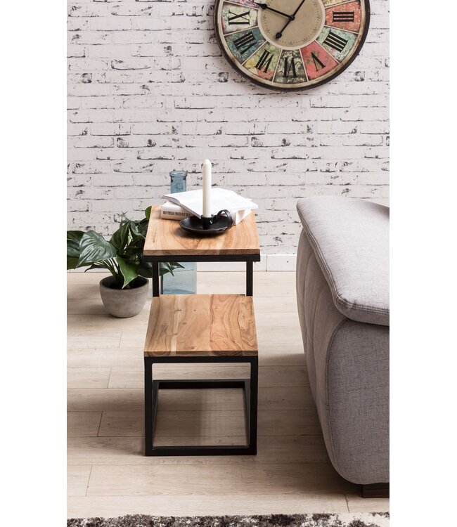 Wohnling tafel AKOLA S-vorm massief hout acacia / metaal 45 x 60 x 30 cm | Design Salontafel Landelijke stijl | Anstellisch opbergmeubelvierkant