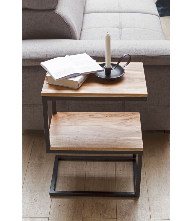 Wohnling tafel AKOLA S-vorm massief hout acacia / metaal 45 x 60 x 30 cm | Design Salontafel Landelijke stijl | Anstellisch opbergmeubelvierkant
