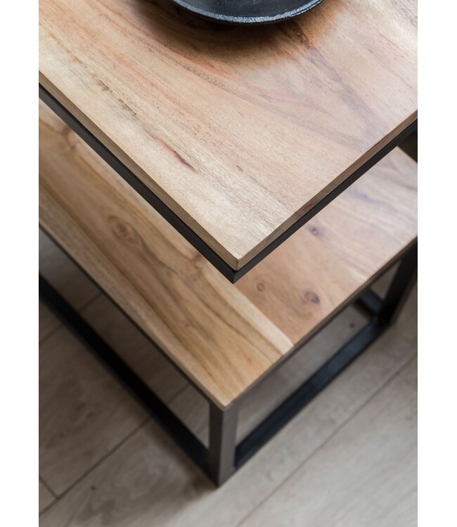 Wohnling tafel AKOLA S-vorm massief hout acacia / metaal 45 x 60 x 30 cm | Design Salontafel Landelijke stijl | Anstellisch opbergmeubelvierkant