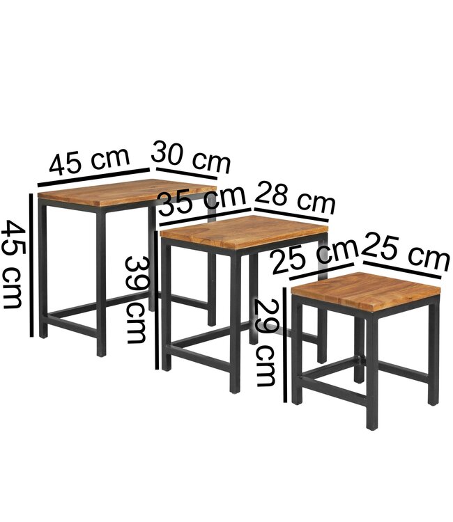Wohnling Set van 3 Design tafels Akola Sheesham bijzettafeltjes metalen poten | Placemat 3 stuks van materialen | Anstelltische massief hout