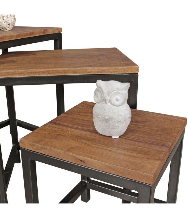 Wohnling Set van 3 Design tafels Akola Sheesham bijzettafeltjes metalen poten | Placemat 3 stuks van materialen | Anstelltische massief hout