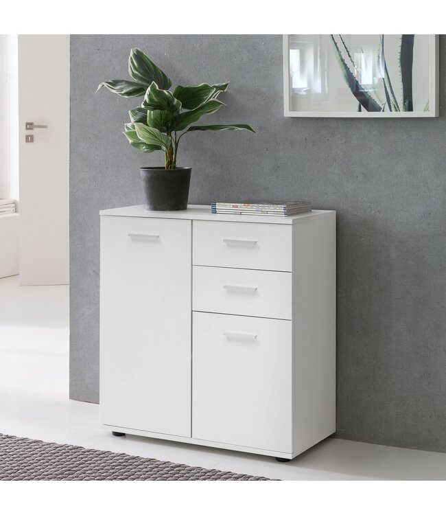 Wohnling ladekast SVENJA met deuren & laden 71x78x35cm kast hout wit | Halkast helder modern | Multifunctionele kast klein | Sideboard mat dressoir | Commode meubilair van de ladenkast