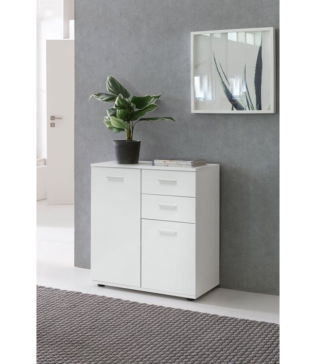 Wohnling ladekast SVENJA met deuren & laden 71x78x35cm kast hout wit | Halkast helder modern | Multifunctionele kast klein | Sideboard mat dressoir | Commode meubilair van de ladenkast