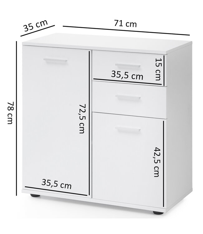 Wohnling ladekast SVENJA met deuren & laden 71x78x35cm kast hout wit | Halkast helder modern | Multifunctionele kast klein | Sideboard mat dressoir | Commode meubilair van de ladenkast