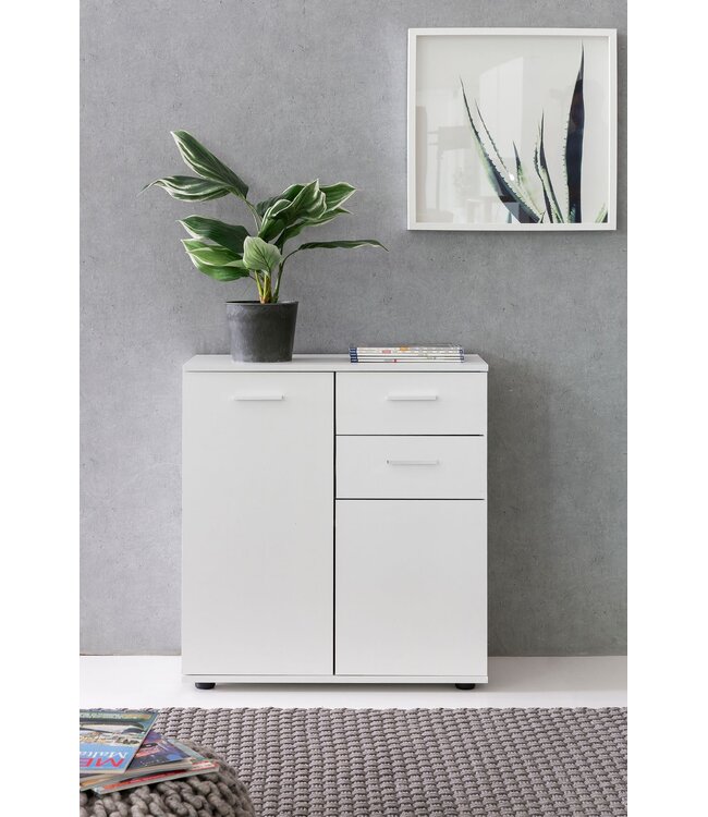 Wohnling ladekast SVENJA met deuren & laden 71x78x35cm kast hout wit | Halkast helder modern | Multifunctionele kast klein | Sideboard mat dressoir | Commode meubilair van de ladenkast