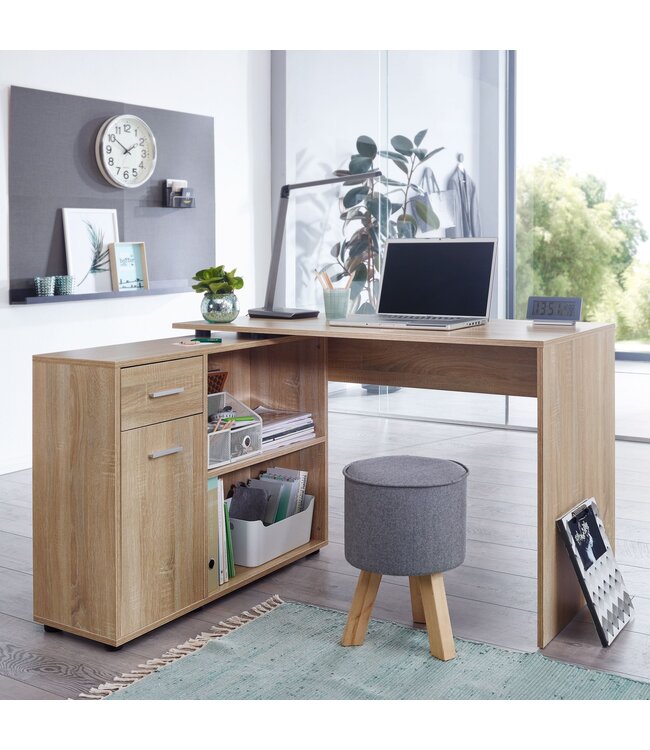 Wohnling design hoekbureau met plank Sonoma 120 x 75,5 x 106,5 cm | Moderne bureau computer tafel studie | Hoek bureau thuiskantoor