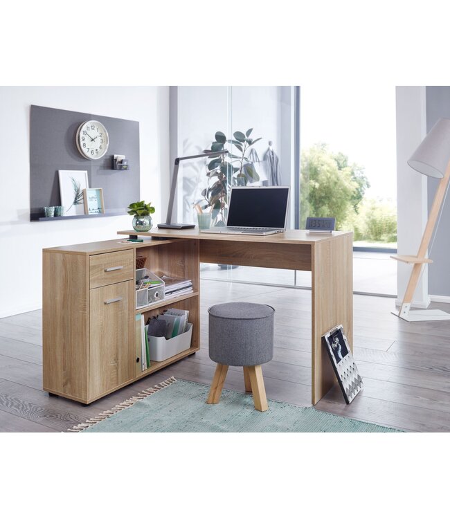 Wohnling design hoekbureau met plank Sonoma 120 x 75,5 x 106,5 cm | Moderne bureau computer tafel studie | Hoek bureau thuiskantoor