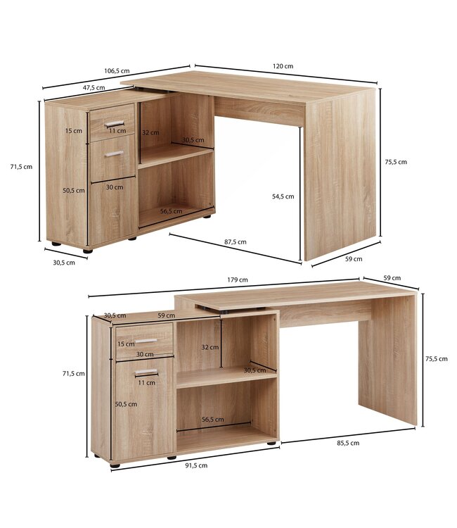 Wohnling design hoekbureau met plank Sonoma 120 x 75,5 x 106,5 cm | Moderne bureau computer tafel studie | Hoek bureau thuiskantoor