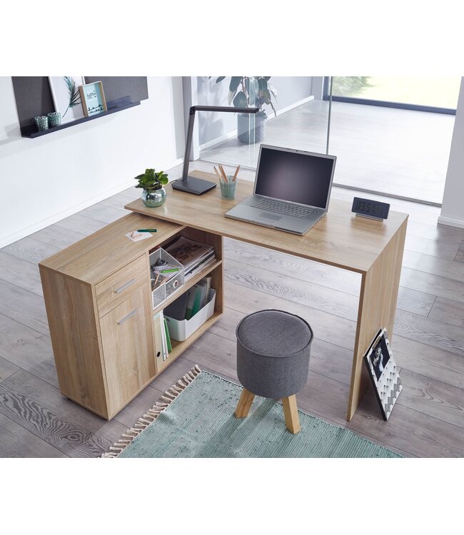Wohnling design hoekbureau met plank Sonoma 120 x 75,5 x 106,5 cm | Moderne bureau computer tafel studie | Hoek bureau thuiskantoor