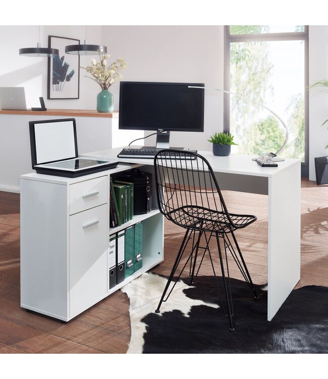 Wohnling design hoekbureau met plank wit 120 x 75,5 x 106,5 cm | Moderne bureau computer tafel studie | Hoek bureau thuiskantoor