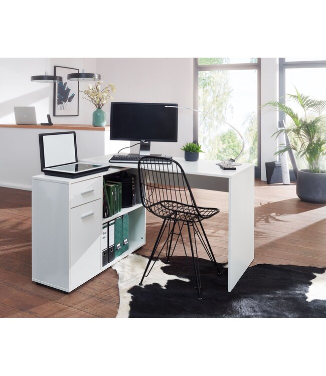 Wohnling design hoekbureau met plank wit 120 x 75,5 x 106,5 cm | Moderne bureau computer tafel studie | Hoek bureau thuiskantoor