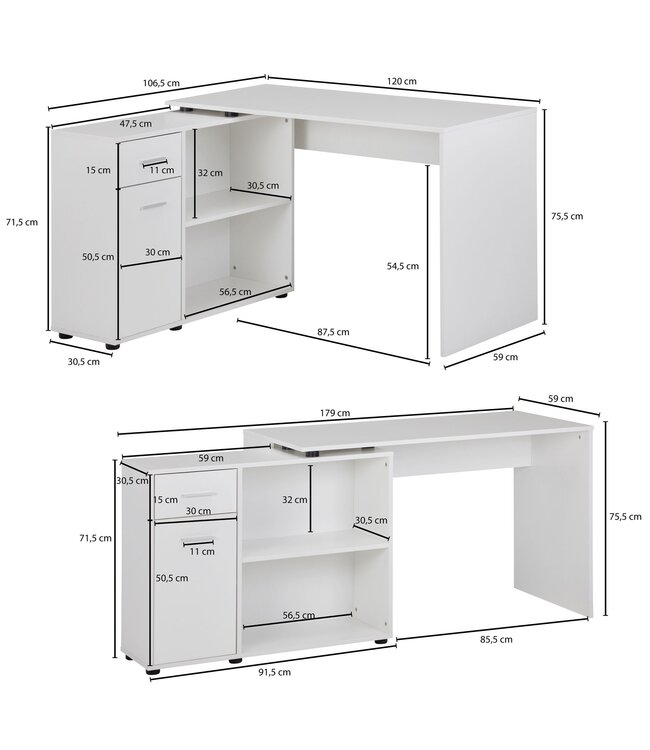Wohnling design hoekbureau met plank wit 120 x 75,5 x 106,5 cm | Moderne bureau computer tafel studie | Hoek bureau thuiskantoor