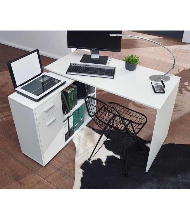 Wohnling design hoekbureau met plank wit 120 x 75,5 x 106,5 cm | Moderne bureau computer tafel studie | Hoek bureau thuiskantoor