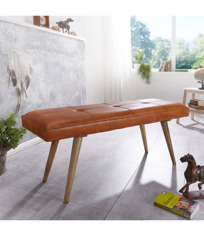 Wohnling SALIM geiten leren bank / massief houten bank 117x51x38 cm in retro stijl | 2 gestoffeerde bankgang Gestoffeerde leren bank Eetkamer Bruin | Klein Flurbank echt leer | Gangmeubels smal