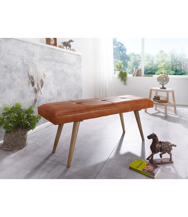 Wohnling SALIM geiten leren bank / massief houten bank 117x51x38 cm in retro stijl | 2 gestoffeerde bankgang Gestoffeerde leren bank Eetkamer Bruin | Klein Flurbank echt leer | Gangmeubels smal