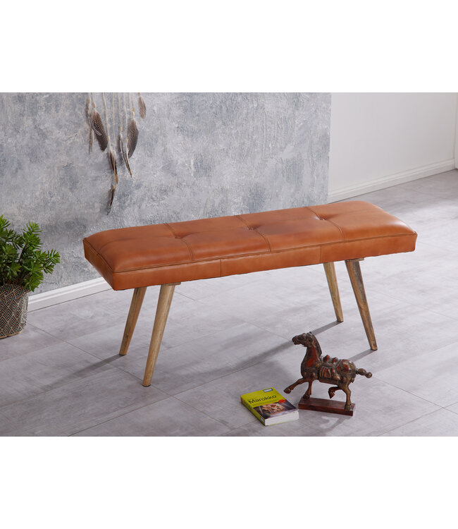 Wohnling SALIM geiten leren bank / massief houten bank 117x51x38 cm in retro stijl | 2 gestoffeerde bankgang Gestoffeerde leren bank Eetkamer Bruin | Klein Flurbank echt leer | Gangmeubels smal
