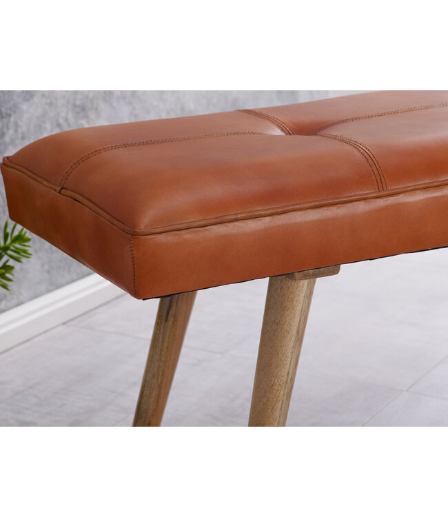 Wohnling SALIM geiten leren bank / massief houten bank 117x51x38 cm in retro stijl | 2 gestoffeerde bankgang Gestoffeerde leren bank Eetkamer Bruin | Klein Flurbank echt leer | Gangmeubels smal