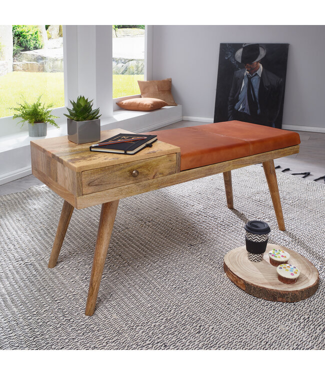 Wohnling bank SALIM geitenleder / massief houten bank 100x52x38 cm in retro stijl | Hal gestoffeerde bank met opbergruimte | Gewatteerde leren bankopslag bruin | Klein Flurbank echt leer | lobby meubelen