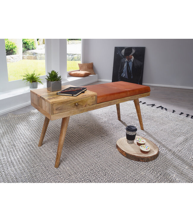 Wohnling bank SALIM geitenleder / massief houten bank 100x52x38 cm in retro stijl | Hal gestoffeerde bank met opbergruimte | Gewatteerde leren bankopslag bruin | Klein Flurbank echt leer | lobby meubelen