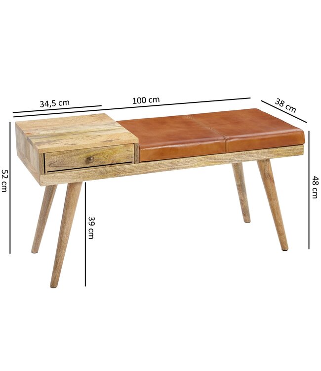 Wohnling bank SALIM geitenleder / massief houten bank 100x52x38 cm in retro stijl | Hal gestoffeerde bank met opbergruimte | Gewatteerde leren bankopslag bruin | Klein Flurbank echt leer | lobby meubelen