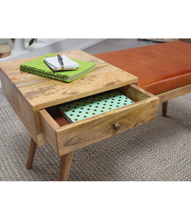 Wohnling bank SALIM geitenleder / massief houten bank 100x52x38 cm in retro stijl | Hal gestoffeerde bank met opbergruimte | Gewatteerde leren bankopslag bruin | Klein Flurbank echt leer | lobby meubelen