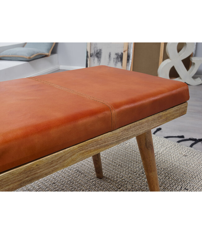Wohnling bank SALIM geitenleder / massief houten bank 100x52x38 cm in retro stijl | Hal gestoffeerde bank met opbergruimte | Gewatteerde leren bankopslag bruin | Klein Flurbank echt leer | lobby meubelen