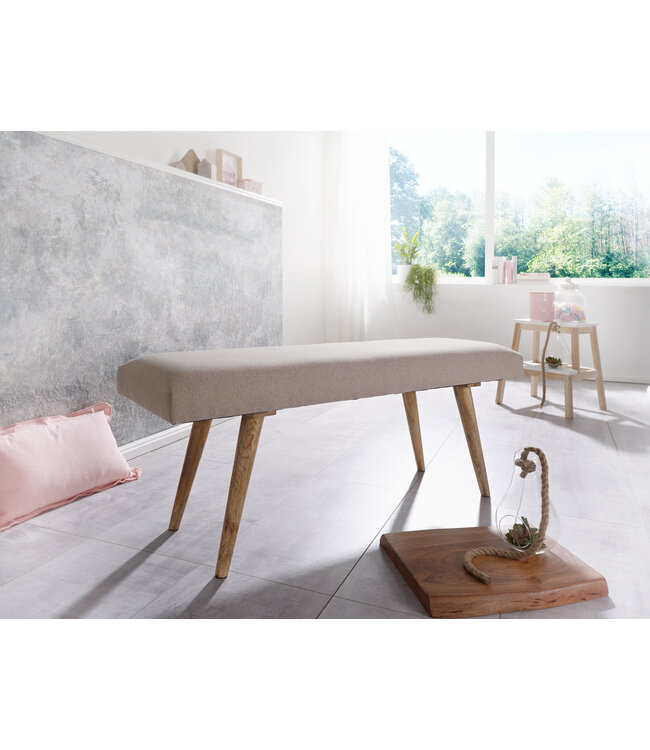 Wohnling SALIM stof / massief houten bank Beige 117x51x38 cm in retro stijl | 2 gestoffeerde bankgang Gestoffeerde stoffen bank eetkamer bruin | Kleine bedbank katoen | Flurbank plank meubilair smal