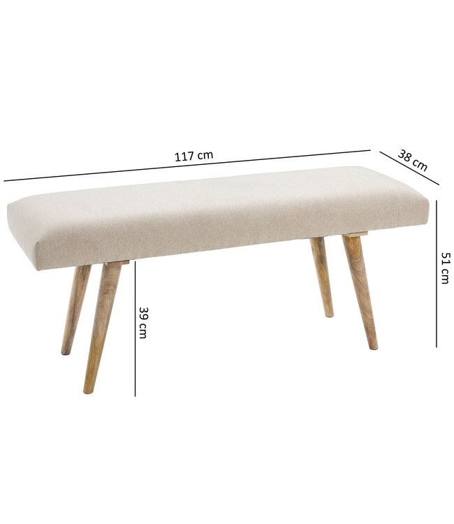 Wohnling SALIM stof / massief houten bank Beige 117x51x38 cm in retro stijl | 2 gestoffeerde bankgang Gestoffeerde stoffen bank eetkamer bruin | Kleine bedbank katoen | Flurbank plank meubilair smal