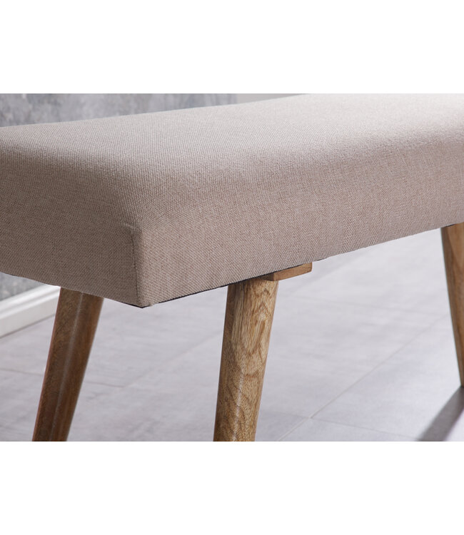 Wohnling SALIM stof / massief houten bank Beige 117x51x38 cm in retro stijl | 2 gestoffeerde bankgang Gestoffeerde stoffen bank eetkamer bruin | Kleine bedbank katoen | Flurbank plank meubilair smal