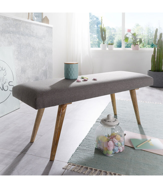 Wohnling SALIM stof / massief hout Bench grijs 117x51x38 cm in retro-stijl | 2 gestoffeerde bankgang Gestoffeerde stoffen bank eetkamer bruin | Kleine bedbank katoen | Flurbank plank meubilair smal
