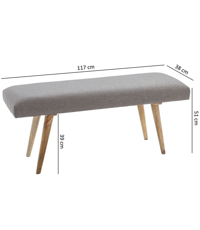 Wohnling SALIM stof / massief hout Bench grijs 117x51x38 cm in retro-stijl | 2 gestoffeerde bankgang Gestoffeerde stoffen bank eetkamer bruin | Kleine bedbank katoen | Flurbank plank meubilair smal