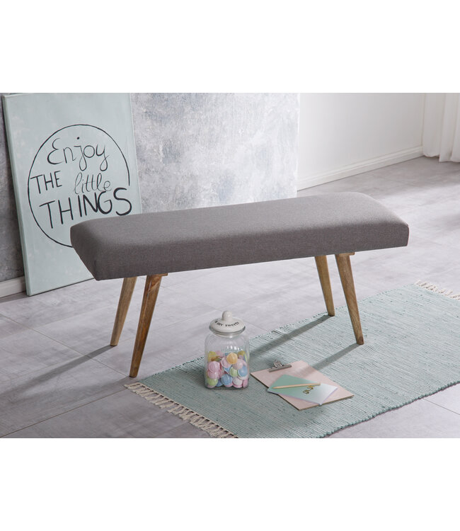 Wohnling SALIM stof / massief hout Bench grijs 117x51x38 cm in retro-stijl | 2 gestoffeerde bankgang Gestoffeerde stoffen bank eetkamer bruin | Kleine bedbank katoen | Flurbank plank meubilair smal