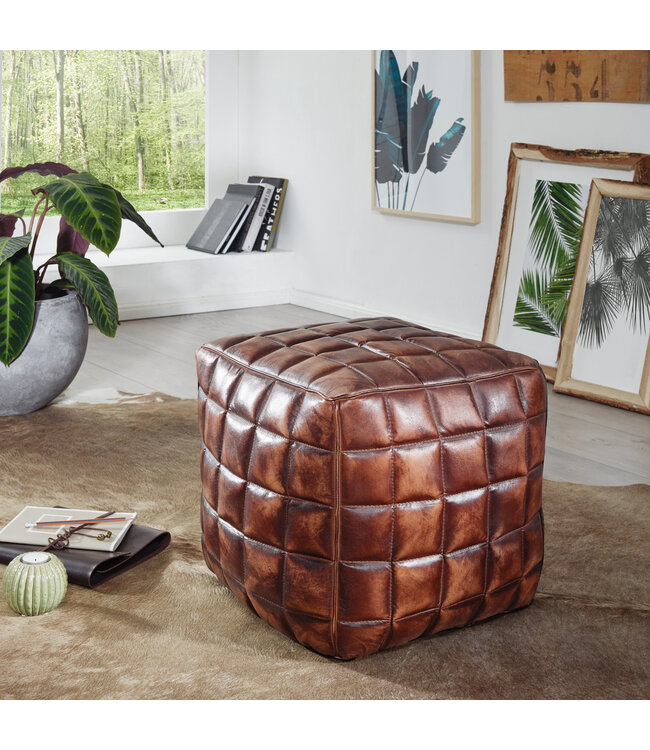 Wohnling CUBING STANLEY Echt leder bruin 47 x 41 x 47 cm Ottomaanse woonkamer | Design kruk oosterse | Beklede stoel nobel | Orient Legrest Sofa | Kubus gestoffeerde poef vierkant