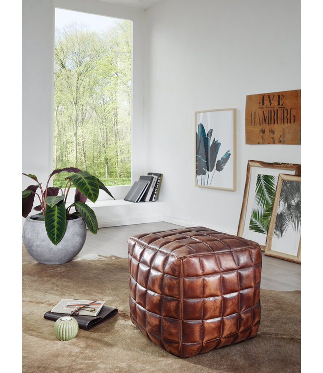 Wohnling CUBING STANLEY Echt leder bruin 47 x 41 x 47 cm Ottomaanse woonkamer | Design kruk oosterse | Beklede stoel nobel | Orient Legrest Sofa | Kubus gestoffeerde poef vierkant