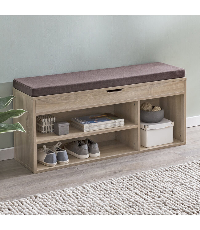 Wohnling WL5.344 met zitting Kledingkast Bank hout 104x51x32 cm Sonoma | Houten bank klein gestoffeerd | Bank smalle gang met bergruimte | Borst bank meubilair op de borstkas hal