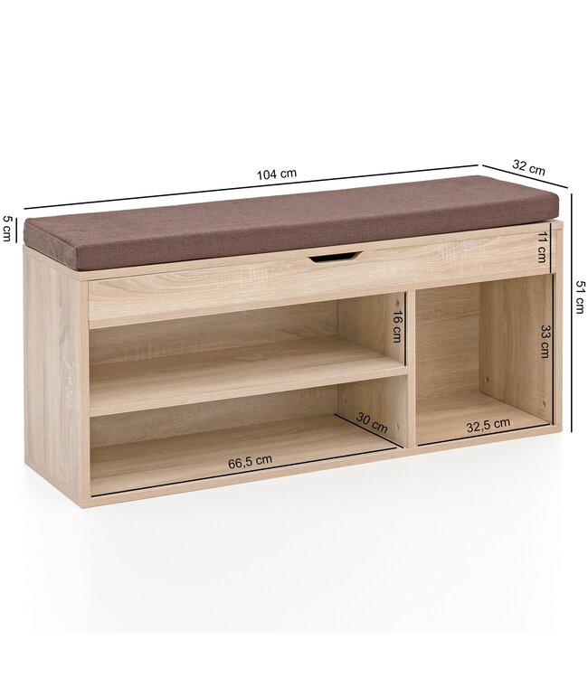 Wohnling WL5.344 met zitting Kledingkast Bank hout 104x51x32 cm Sonoma | Houten bank klein gestoffeerd | Bank smalle gang met bergruimte | Borst bank meubilair op de borstkas hal