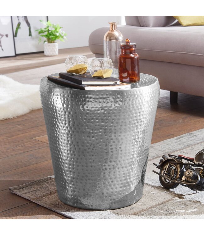 Wohnling bijzettafel VIKRAM 41x41x41cm aluminium zilveren tafel oosterse rond | Kleine Hammerschlag Abstellisch | Designtafel design metaal modern | Smalle tafel