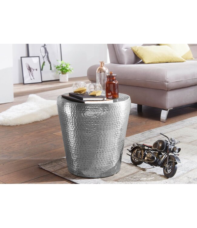 Wohnling bijzettafel VIKRAM 41x41x41cm aluminium zilveren tafel oosterse rond | Kleine Hammerschlag Abstellisch | Designtafel design metaal modern | Smalle tafel