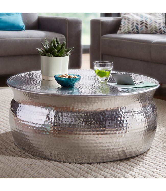Wohnling salontafel KARAM 75x31x75cm aluminium zilveren bijzettafel oosterse rond | Plat gehamerd koffietafeltje metaal Design salontafel modern | Tafel klein Indiaas stub tafel klein