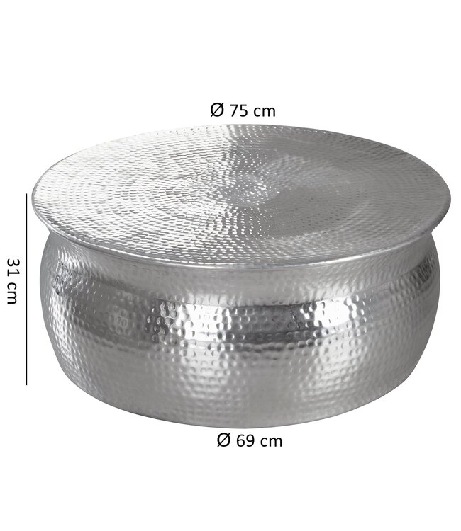 Wohnling salontafel KARAM 75x31x75cm aluminium zilveren bijzettafel oosterse rond | Plat gehamerd koffietafeltje metaal Design salontafel modern | Tafel klein Indiaas stub tafel klein