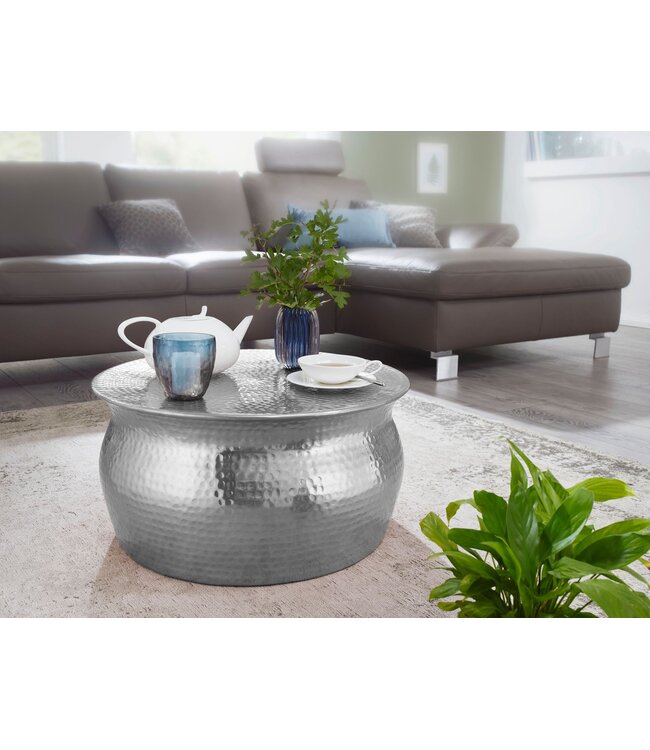 Wohnling salontafel KARAM 60x30,5x60cm Aluminium Silver Side oriental round | Plat gehamerd koffietafeltje metaal Design salontafel modern | Tafel klein Indiaas stub tafel klein