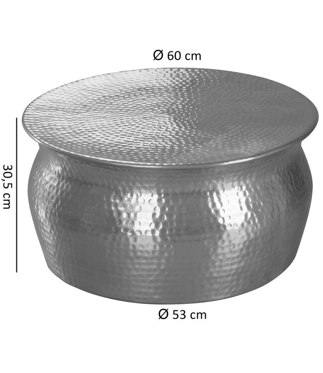 Wohnling salontafel KARAM 60x30,5x60cm Aluminium Silver Side oriental round | Plat gehamerd koffietafeltje metaal Design salontafel modern | Tafel klein Indiaas stub tafel klein