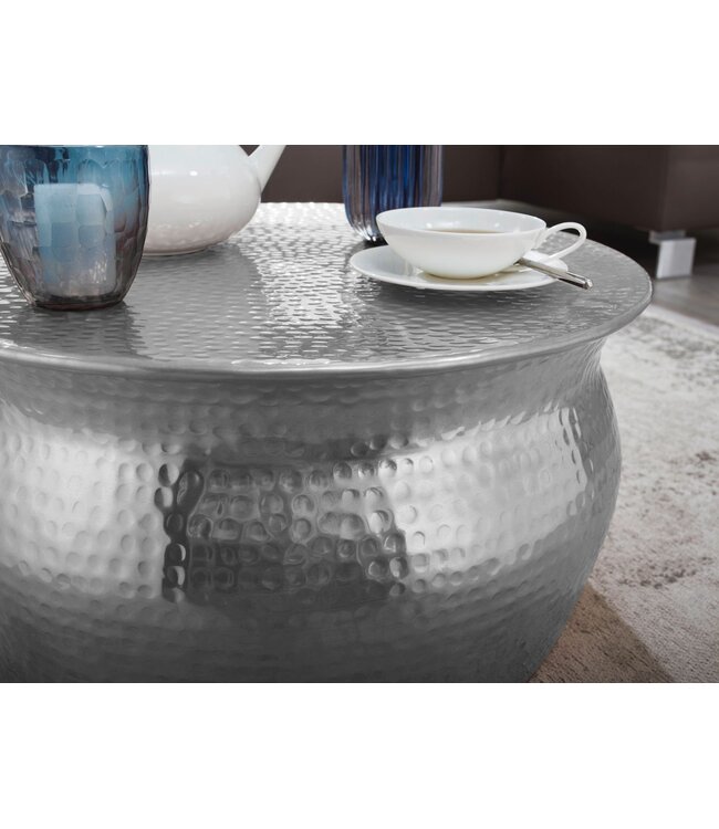 Wohnling salontafel KARAM 60x30,5x60cm Aluminium Silver Side oriental round | Plat gehamerd koffietafeltje metaal Design salontafel modern | Tafel klein Indiaas stub tafel klein