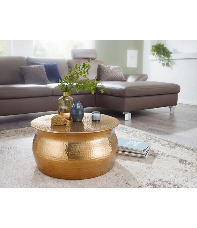 Wohnling salontafel KARAM 60x30,5x60 cm aluminium gouden bijzettafel oosterse rond | Plat gehamerd koffietafeltje metaal Design salontafel modern | Tafel klein Indiaas stub tafel klein