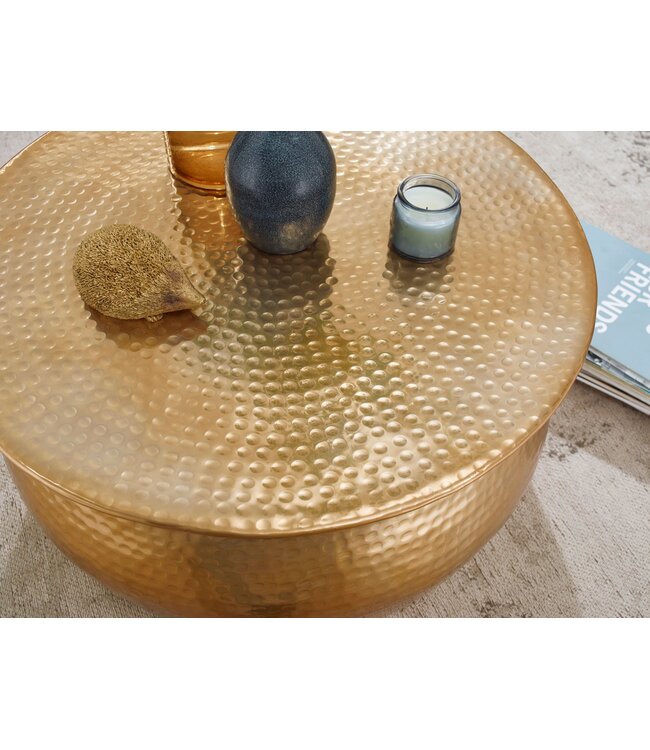 Wohnling salontafel KARAM 60x30,5x60 cm aluminium gouden bijzettafel oosterse rond | Plat gehamerd koffietafeltje metaal Design salontafel modern | Tafel klein Indiaas stub tafel klein
