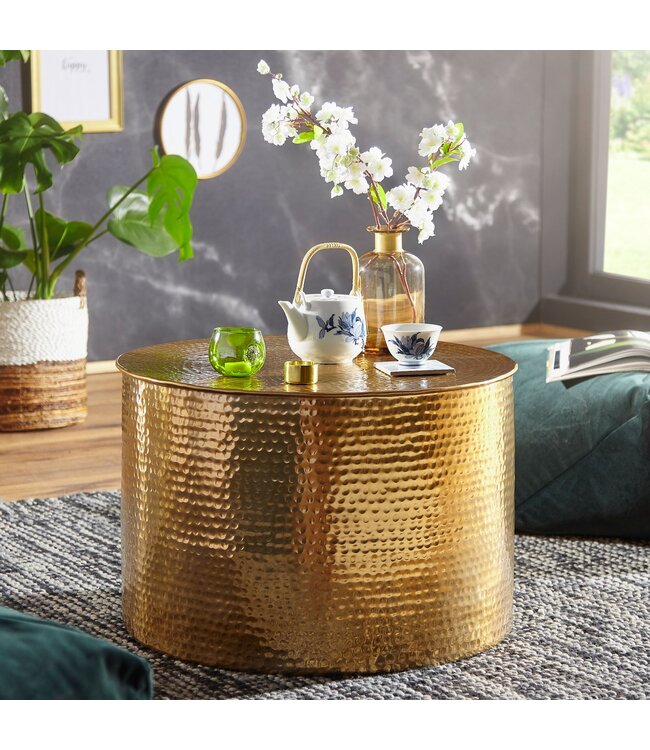 Wohnling salontafel RAHI 61 x 40,5 x 61 cm Aluminium gouden bijzettafel Oosterse ronde | Plat gehamerd koffietafeltje metaal Design Salontafel Modern | Salontafel Indian Stubentisch Klein