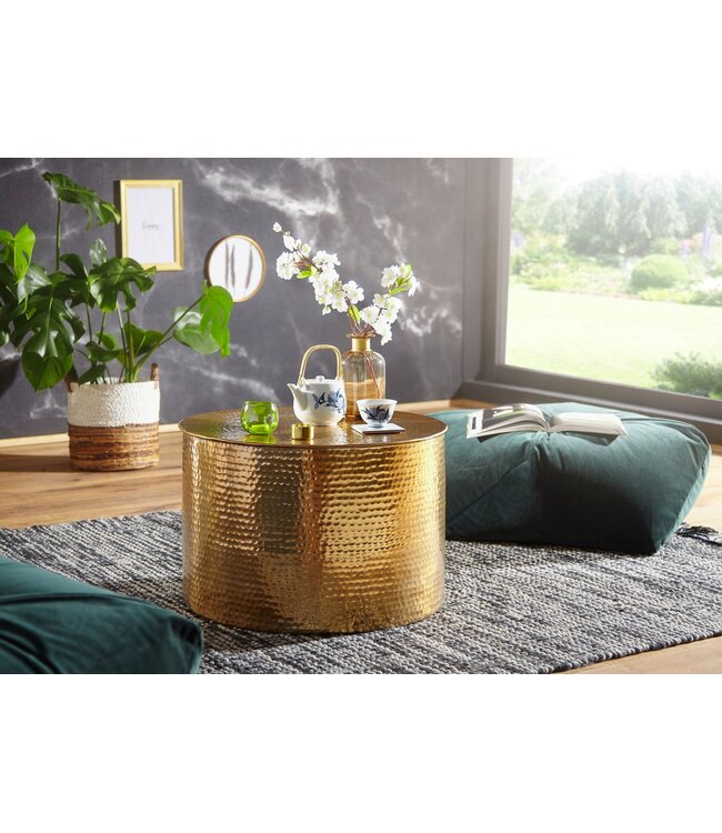 Wohnling salontafel RAHI 61 x 40,5 x 61 cm Aluminium gouden bijzettafel Oosterse ronde | Plat gehamerd koffietafeltje metaal Design Salontafel Modern | Salontafel Indian Stubentisch Klein