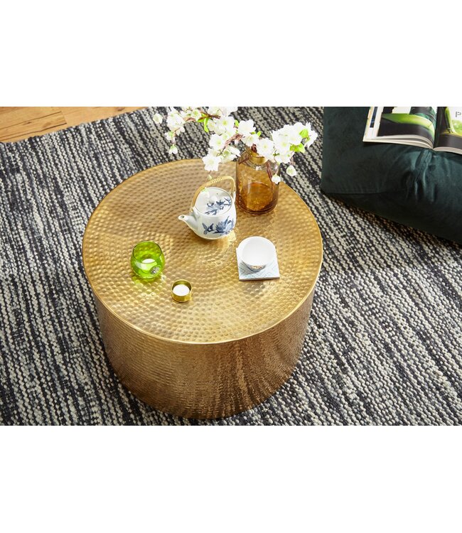 Wohnling salontafel RAHI 61 x 40,5 x 61 cm Aluminium gouden bijzettafel Oosterse ronde | Plat gehamerd koffietafeltje metaal Design Salontafel Modern | Salontafel Indian Stubentisch Klein