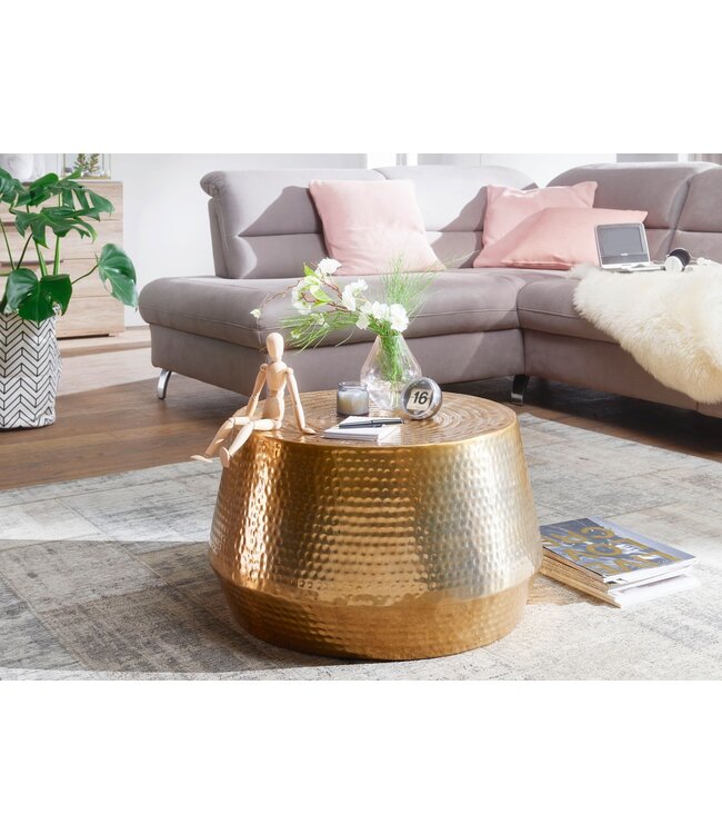 Wohnling salontafel MAHESH 60x36x60 cm aluminium bijzettafel Gold Oriental round | Plat gehamerd koffietafeltje metaal Design Salontafel Modern | Salontafel Indian Stubentisch Klein